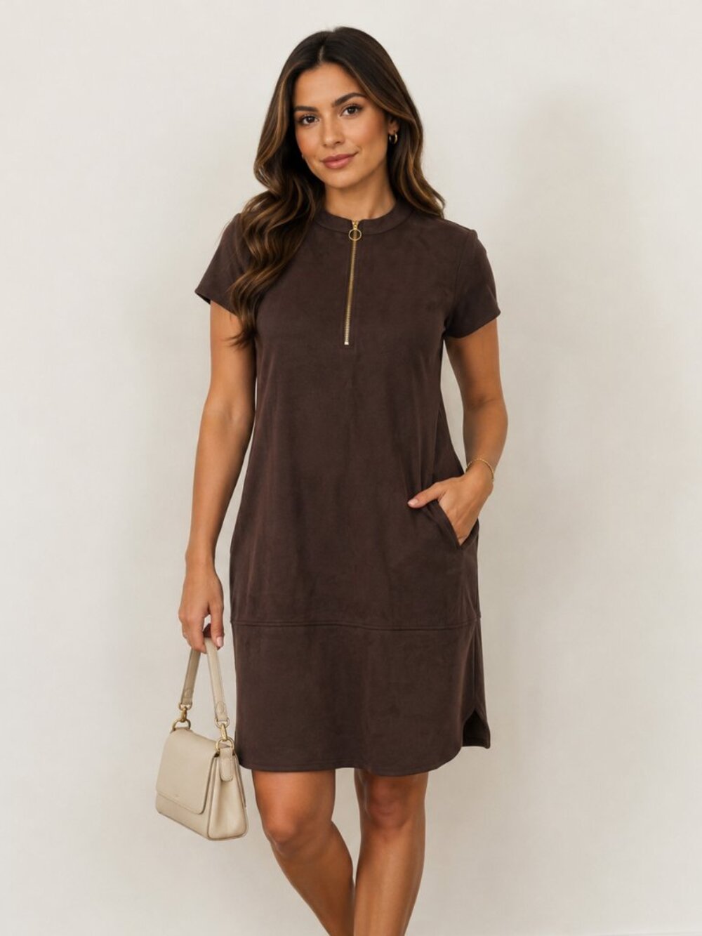 Andrew Marc Women's Brown Faux Suede Zip Front Shift Dress, 10 (M)
